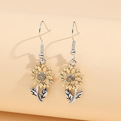 Antique Silver & Antique Golden Alloy Dangle Earrings for Women, Sunflower, Antique Silver & Antique Golden, 40x13mm