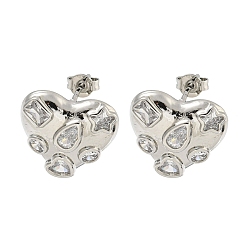 Platinum Heart Rack Plating Brass Micro Pave Cubic Zirconia Earrings for Women, Cadmium Free & Lead Free, Long-Lasting Plated, Platinum, 16x17mm