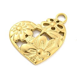 Настоящее золото 18K Вакуумное покрытие pvd 304 подвески из нержавеющей стали, сердце с цветочными подвесками, реальный 18 k позолоченный, 24x25.5x2.8 мм, отверстие : 3.2 мм