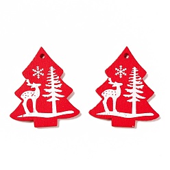 Red Spray Painted Wood Pendants, Christmas Tree with Elk Pattern, Red, 49x42x2mm, Hole: 3mm