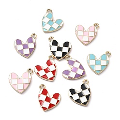 (52) Непрозрачная лаванда Стойки обшивки сплава эмали подвески, без никеля , сердце с шармом в шотландскую клетку, золотые, разноцветные, 15x14x2 мм, отверстие : 1.4 мм