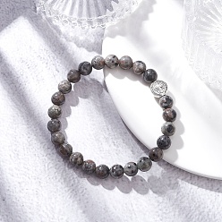 Syenite Браслеты из натуральных флуоресцентных бусин сиенита для женщин и мужчин, с плоским кругом из сплава и бусиной святого Бенедикта, внутренний диаметр: 2-3/8 дюйм (6.15 см)