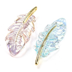 Mixed Color Acrylic Imitation Shell Pendants, with Alloy Findings, Feather, Mixed Color, 35.5x13.5x6.5mm, Hole: 1.4mm