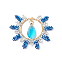 Королевский синий Плоские круглые подвески из стеклянного бисера, с 304 соединительным кольцом из нержавеющей стали и открытыми соединительными кольцами, а также стеклянной подвеской в форме капли, королевский синий, 40x48x5 мм, отверстие : 3 мм