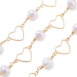 Настоящее золото 18K Латунные цепные цепи, с пластмассовой жемчужиной abs, с катушкой, пайки, реальный 18 k позолоченный, ссылка: 20x12x1 мм; сердце: 20x12x1 мм, 5 м / рулон
