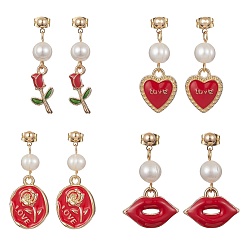 Mixed Shapes Valentine's Day Alloy Enamel Dangle Stud Earrings with Brass Pins, Natural Pearl Beaded Drop Earrings, Mixed Shapes, 30~38x9~18mm