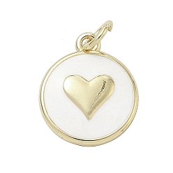 Белый Латунь эмаль подвески, стойки покрытие, долговечный, без свинца и без кадмия, реальный 18 k позолоченный, плоский круглый с подвеской в виде сердца, с целью перехода в кольце, белые, 15.5x13x2.5 мм, отверстие : 3.2 мм