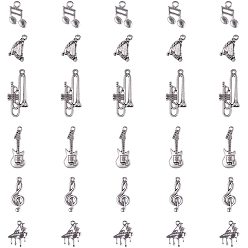 Antique Silver Sets of Musical Instruments Tibetan Style Alloy Pendants, Guitar, Harp, Trumpet, Piano, Musical Note, Treble Clef Pendants, Antique Silver, 17~35x10~16x1~2.5mm, Hole: 1~3mm, about 6pcs/set, 5sets/box