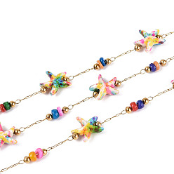 Разноцветный Ручная работа 316 цепочки из нержавеющей стали в форме морской звезды, с синтетической бирюзой, ракушками и бусинами из нержавеющей стали, пайки, с катушкой, реальный 18 k позолоченный, ионное покрытие (ip), красочный, 10x9~9.5x4 мм, около 16.40 футов (5 м) / рулон