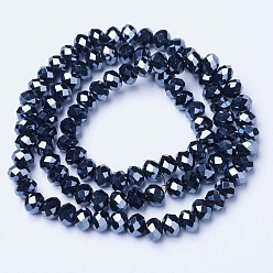 Black Electroplate Glass Beads Strands, Pearl Luster Plated, Faceted, Rondelle, Black, 3.5x3mm, Hole: 0.4mm, about 123~127pcs/strand, 13.7~14.1 inch(35~36cm)