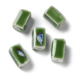 Olive Drab Handmade Porcelain Beads, Cuboid, Olive Drab, 12~13x7~7.5x7~7.5mm, Hole: 2.5mm