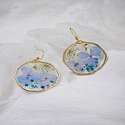 Плоский Круглый Серьги-подвески из сплава эпоксидной смолы с засушенными цветами, золотые, плоско-круглые, 35x35 мм
