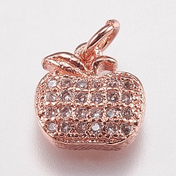 Rose Gold Brass Micro Pave Cubic Zirconia Charms, Apple, Rose Gold, 9x9x3mm, Hole: 2mm