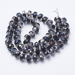 Black Electroplat Glass Beads Strands, Rainbow Plated, Faceted, Rondelle, Black, 8x5mm, Hole: 1.2mm, about 80pcs/strand, 22.83 inch