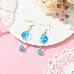 Sky Blue 304 Stainless Steel with Glass Cylinder Seed Beads Hot Air Balloon Dangle Earrings, Brass Earrings, Golden, Sky Blue, 60x18.5mm
