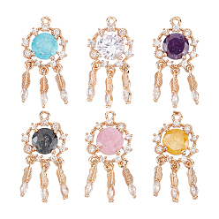 (52) Непрозрачная лаванда 6 шт. 6 цвета латунные подвески из прозрачного кубического циркония с микропаве, со стеклом, золотой свет, тканая сеть / паутина с пером, разноцветные, 27x14x4 мм, отверстие : 1.2 мм, 1 шт / цвет