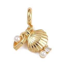 Настоящее золото 18K Латунные подвески из прозрачного кубического циркония в европейском стиле, подвески в форме ракушки с крупным отверстием и круглыми бусинами из искусственного жемчуга ABS, белые, реальный 18 k позолоченный, 32 мм, отверстие : 4.6 мм