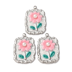 Rectangle 304 нержавеющей стальной эмали подвески, с абс пластмассовыми жемчужными бисером, цветок, прямоугольные, 26x18.5x4.5 мм, отверстие : 1.6 мм