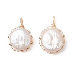 Кремово-белый Натуральные кеши жемчужные подвески, плоские круглые подвески с медной проволокой в обертке, золотые, кремово-белые, 18.5~20x12.5~13x5.5~6.5 мм, отверстие : 2.5~3 мм