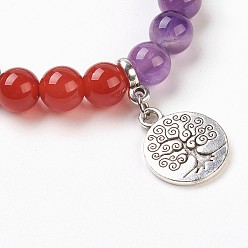 Mixed Stone Chakra Jewelry, Natural & Synthetic Gemstone Beads Charm Bracelets, with Alloy Findings, Flat Round with Tree, 2-1/8 inch(5.5cm), Pendant: 20x15x2mm