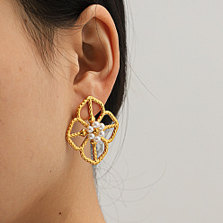 Golden 304 Stainless Steel Stud Earrings for Women, Flower, with Imitation Pearl, Golden, 38.3x34.5mm
