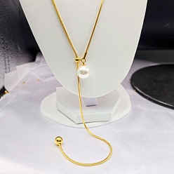 Золотой Белая круглая пластиковая жемчужная кисточка 304 колье-лариата из нержавеющей стали в виде круглой цепочки-змейки для женщин, золотые, 27.56 дюйм (70 см)