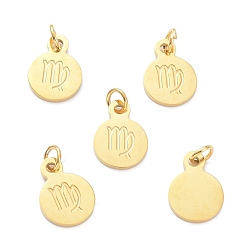 Virgo Golden Plated 304 Stainless Steel Charms, Flat Round with Constellations Pattern, Virgo, 13.5x10x1mm, Jump Ring: 5x1mm, Hole: 3mm
