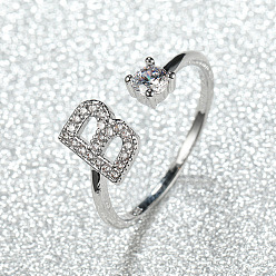 Letter B Манжеты из латуни с микро паве кубический цирконий для женщин, открытые кольца, платина, В письме, внутренний диаметр: 16~19 мм