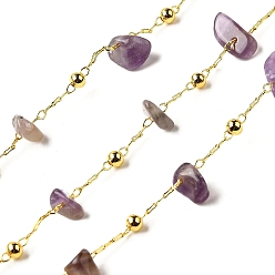 Аметист Цепочки из бисера ручной работы из натурального аметиста, пайки, с реечной обшивкой латунными выводами, долговечный, без свинца и без кадмия, с катушкой, реальный 18 k позолоченный, 5~14x2~7x3~7 мм