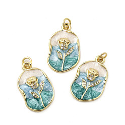 Темный Морско-зеленый Латунь эмаль подвески, без кадмия, без никеля и без свинца, с прыжковых колец, овал с цветочными подвесками, реальный 18 k позолоченный, темно-зеленый, 23x14x4 мм, отверстие : 3.2 мм