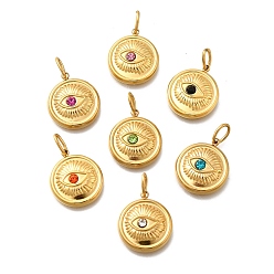 (52) Непрозрачная лаванда 304 подвески из нержавеющей стали, со стразами и прыжковыми кольцами, ионное покрытие (ip), плоский круглый с шармом в виде глаз, реальный 14 k позолоченный, разноцветные, 18x15.5x3.5 мм, отверстие : 5x2.5 мм