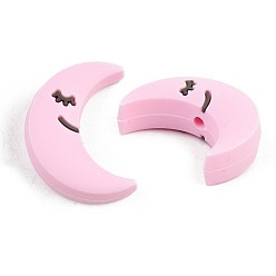 Pink Food Grade Eco-Friendly Silicone Focal Beads, Moon, Pink, 28x21x10mm, Hole: 2mm