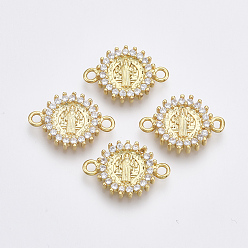 Золотой Соединители из латуни с микропаве и кубическим цирконием, без кадмия и без свинца, религия, плоско-круглые, Святой бенедикт, прозрачные, золотые, 10x14x2 мм, отверстие : 1.2 мм