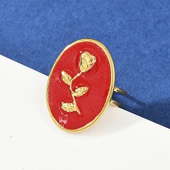 Красный Овальные с рисунком розы 304 эмалевые кольца из нержавеющей стали для женщин, ионное покрытие (ip), реальный 18 k позолоченный, красные, овальный : 25.5x18.5 mm, внутренний диаметр: 17 мм
