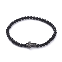 Black Agate Stretch Bracelets, with Natural Black Agate(Dyed) Round Beads and Brass Micro Pave Cubic Zirconia Beads, Elastic Crystal Thread, Cross, 2-3/8 inch(6.14cm)