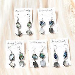 Mixed Shapes Серьги-подвески из латунной ракушки с черными ракушками, долговечный, платина, разнообразные, 53~58x12.5~16 мм