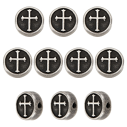 Античное Серебро 10 шт. 304 бусины из нержавеющей стали, плоские круглые с крестом, античное серебро, 11x4.5 мм, отверстие : 2 мм
