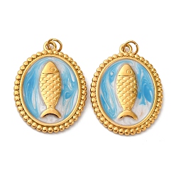 Темно-Голубой 304 нержавеющей стальной эмали подвески, овал с подвеской в виде рыбы, с целью перехода в кольце, ионное покрытие (ip), реальный 18 k позолоченный, глубокое синее небо, 23.5x17.5x2 мм, отверстие : 2.5 мм