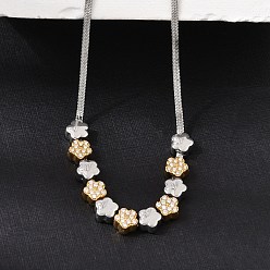 Flower Duo Tone 304 Stainless Steel Micro Pave Clear Cubic Zirconia Beaded Pendant Flat Snake Chain Necklaces, Flower, 16.54 inch(42cm), Flower: 6x6x3.5mm