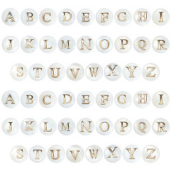 Letter A~Z 52 шт 26 стили натуральные пресноводные бусины из ракушек, с позолоченными элементами из травленой латуни, плоские круглые с буквы, цвет морской раковины, Письмо ~ Z, 6x4 мм, отверстие : 0.8 мм, 2 шт / стиль