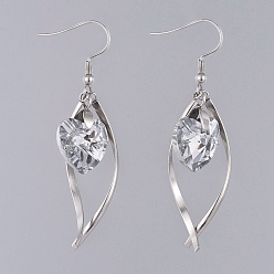 Clear Dangle Earrings, with Heart Electroplated Glass Pendants, Stainless Steel Twist Shape Pendants, Earring Hooks and Ice Pick Pinch Bails, Clear, 59mm, Pendant: 40x18x8mm, Pin: 0.7mm