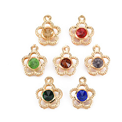Mixed Color Rack Plating Eco-Friendly Iron Pendants, with Rhinestone, Cadmium Free & Nickel Free & Lead Free, Light Gold, Flower, Mixed Color, 16x13x5mm, Hole: 1.5mm