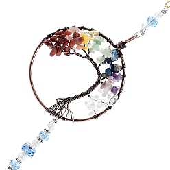 Round Glass Teardrop Pendant Decoration, Hanging Suncatchers, with Tree of Life Natural Gemstone Chip for Home Garden Decoration, Round, 288mm