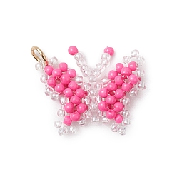 Ярко-Розовый Подвески-бабочки из стеклянного бисера, с 304 кольцом из нержавеющей стали, ярко-розовый, 18x22.5x4.5 мм, отверстие : 3.5 мм