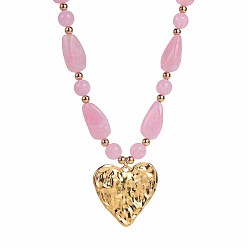 Бледно-Розовый Кулон в виде сердца из цинкового сплава с текстурированной поверхностью, бусы из смолы, ожерелье для женщин, золотые, розовый жемчуг, 17.91 дюйм (45.5 см)