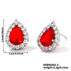 Красный Латунные серьги-гвоздики в виде капель, с кубическим цирконием и стеклом, платина, красные, 15x12 мм