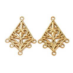 Rhombus Vintage Style 304 Stainless Steel Links, Golden, Rhombus with Flower, 38.5x28.5x2mm, Hole: 2mm
