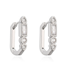 Платина Латунные серьги-кольца из прозрачного кубического циркония, прямоугольник с треугольником, платина, 22x4 мм