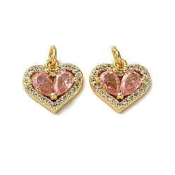 Pink Латунные микро проложить кубического циркония подвески, сердце прелести, с целью перехода в кольце, стойки покрытие, долговечный, без свинца и без кадмия, реальный 18 k позолоченный, розовые, 12x13x4 мм, отверстие : 3.5 мм