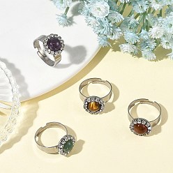 Mixed Stone Natural & Synthetic Gemstone Finger Rings for Women, Round, 304 Stainless Steel with Iron Rhinestone Finger Rings, 12mm, Inner Diameter: 17mm